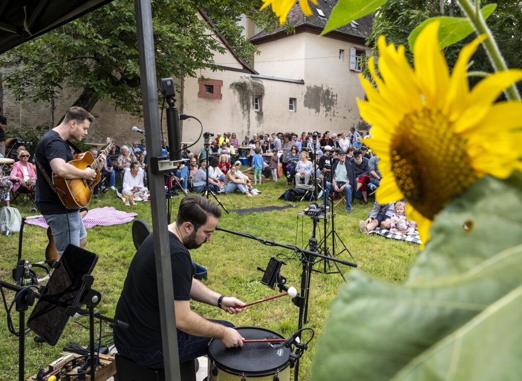 Picknickkonzert neben einer großen Sonnenblume