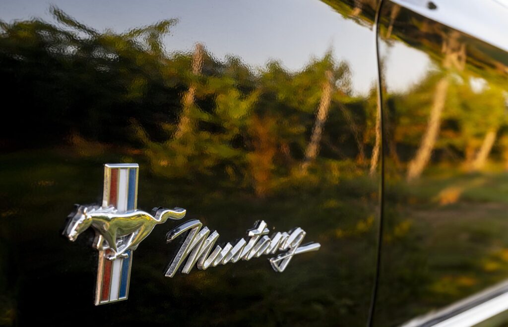 Großaufnahme des silbernen Mustang-Logos mit rennendem Pferd auf schwarzem Autolack, in dem sich Weinberge spiegeln