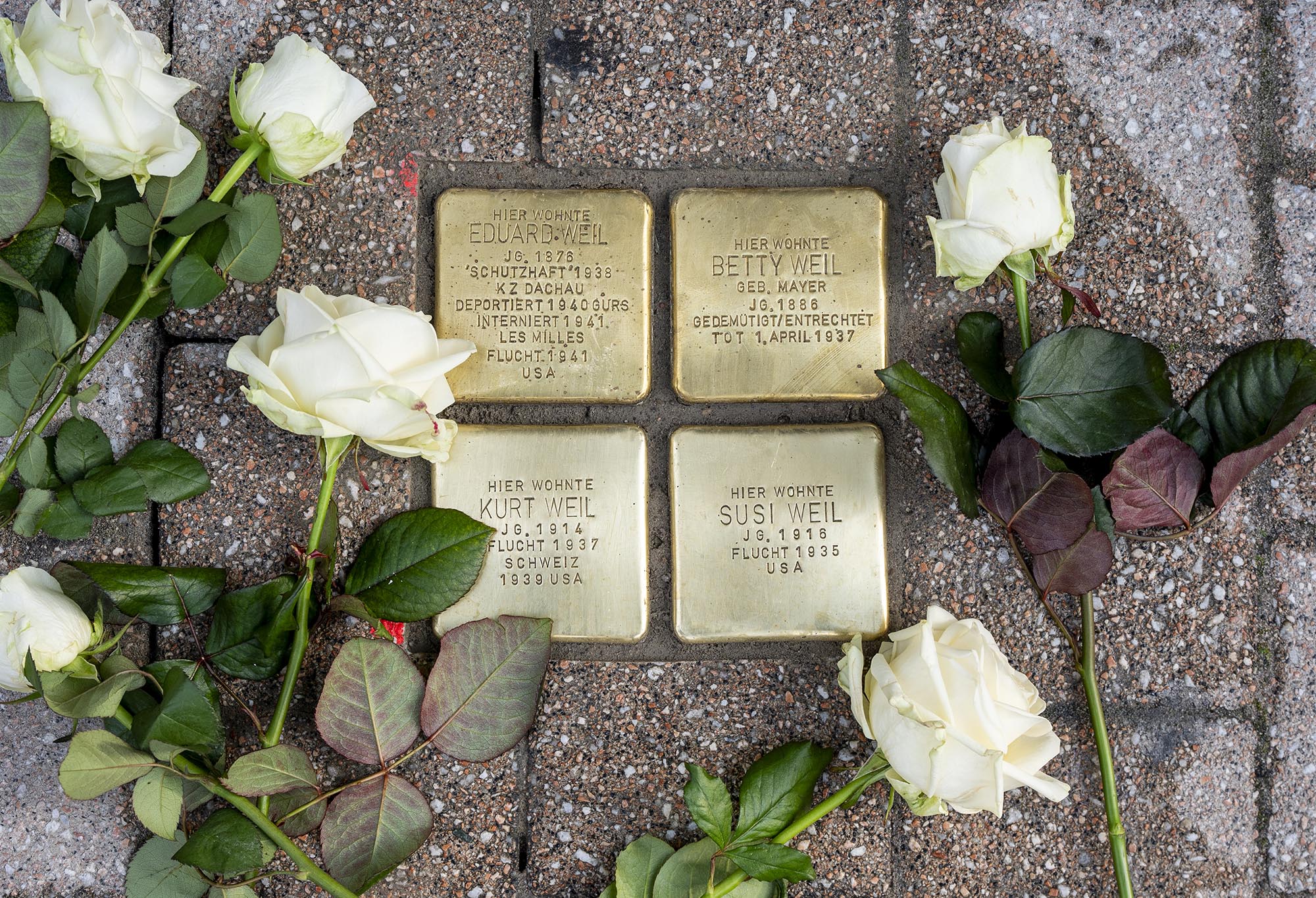 Am Anwesen Wormser Strasse 46 wird mit vier Stolpersteinen der Familie Eduard Weil gedacht. Daneben wurden weiße Rosen niedergelegt.