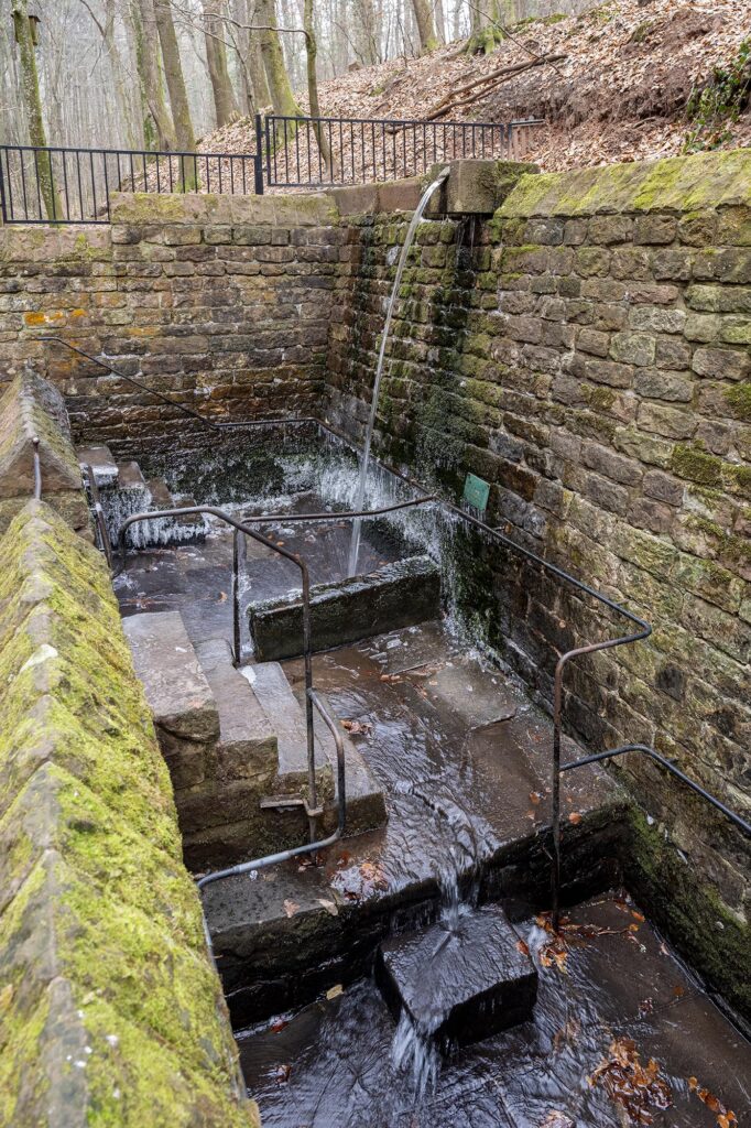 teils vereiste und bemooste Waldduschen-Anlage