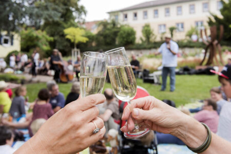 Zwei Hände prosten sich mit Sekt zu, im Hintergrund Sänger und Gäste bei Picknickkonzert